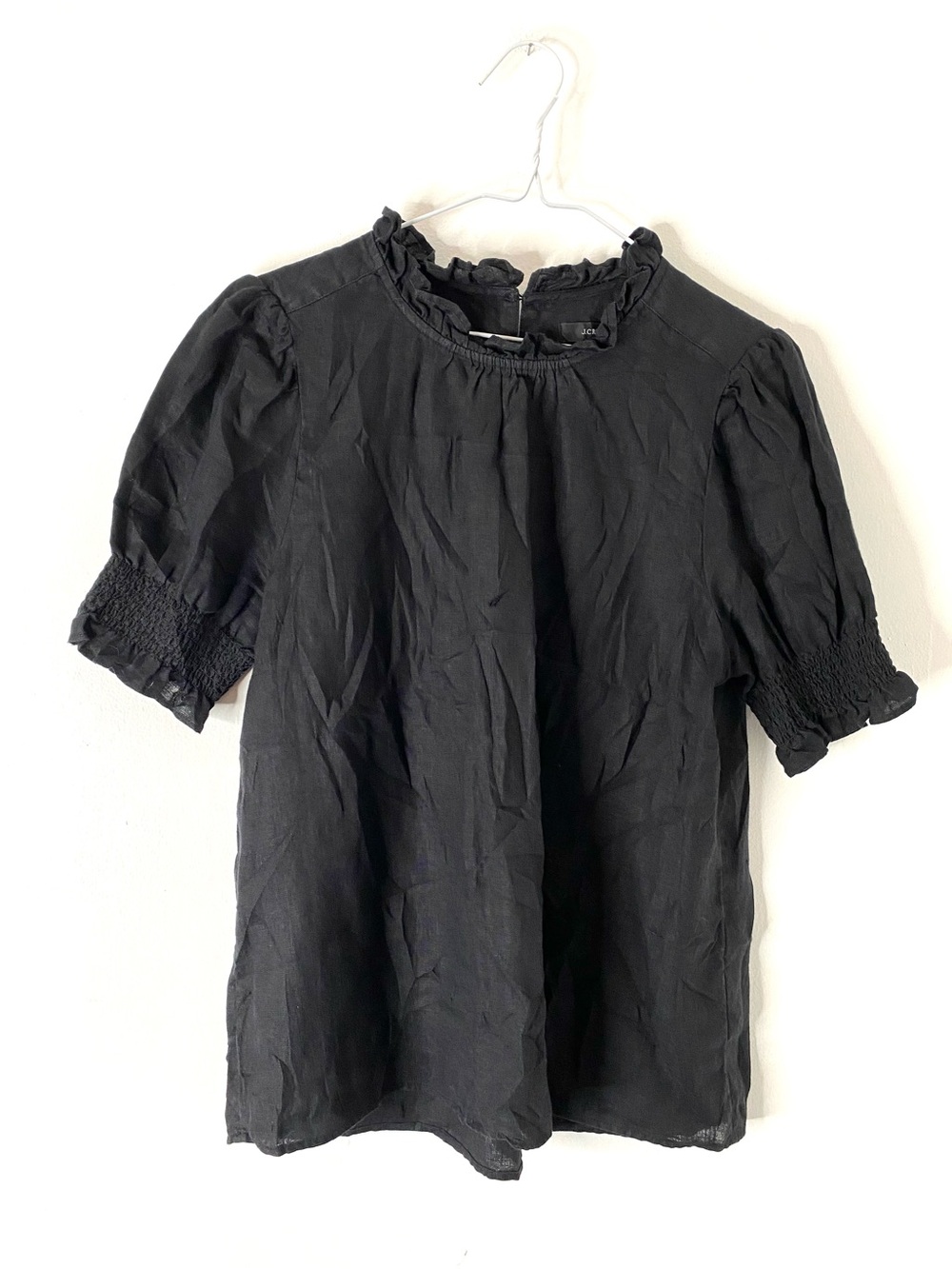 J. Crew Black Linen Puff Sleeve Blouse Ruffle Neck Smocked Cuffs